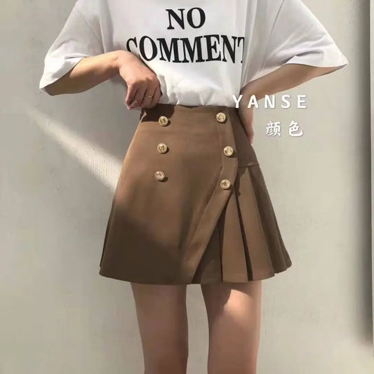 Korean Style Irregular Double Breasted Pleated A Line Skirt For Women Summer Autumn Chic Elegant Ladies Suit Skirt