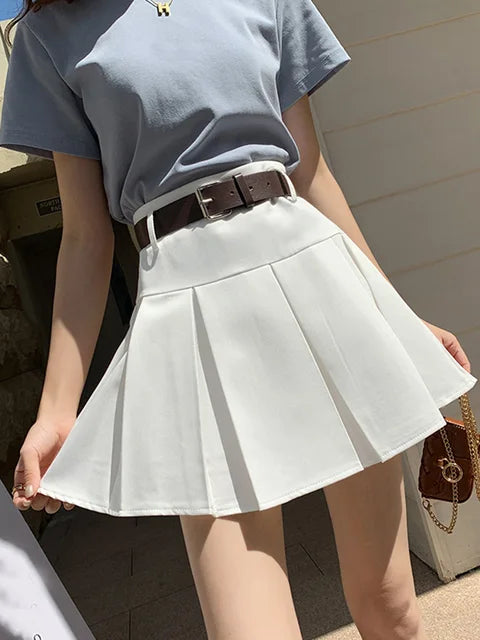 High Waist Women Skirt Summer Harajuku Solid Casual Mini Short Skirt Ladies Vintage Slim A-Line Pleated Skirts Belt Female