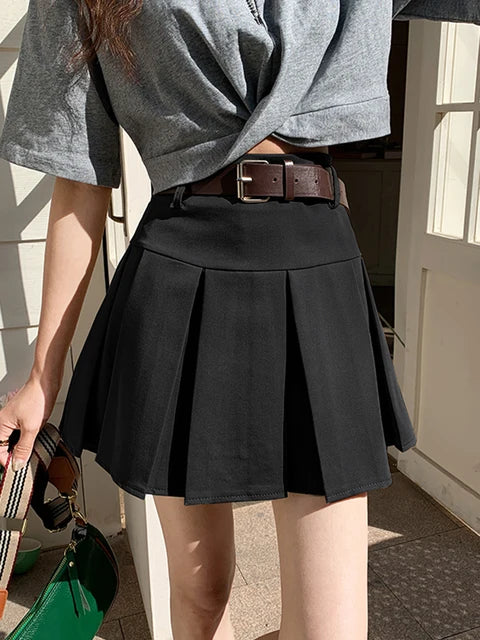 High Waist Women Skirt Summer Harajuku Solid Casual Mini Short Skirt Ladies Vintage Slim A-Line Pleated Skirts Belt Female