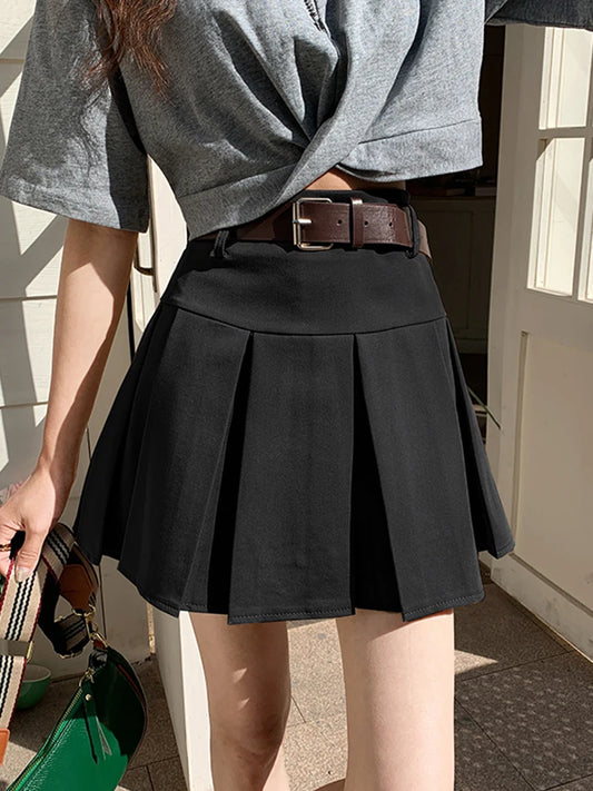 High Waist Women Skirt Summer Harajuku Solid Casual Mini Short Skirt Ladies Vintage Slim A-Line Pleated Skirts Belt Female