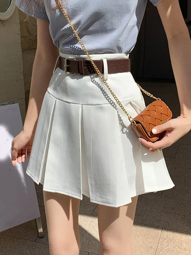 High Waist Women Skirt Summer Harajuku Solid Casual Mini Short Skirt Ladies Vintage Slim A-Line Pleated Skirts Belt Female
