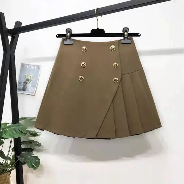 Korean Style Irregular Double Breasted Pleated A Line Skirt For Women Summer Autumn Chic Elegant Ladies Suit Skirt