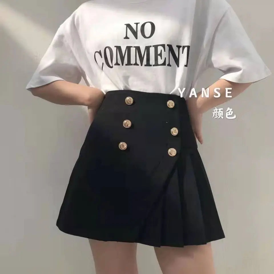 Korean Style Irregular Double Breasted Pleated A Line Skirt For Women Summer Autumn Chic Elegant Ladies Suit Skirt
