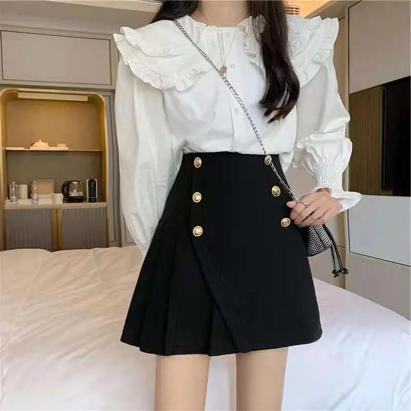 Korean Style Irregular Double Breasted Pleated A Line Skirt For Women Summer Autumn Chic Elegant Ladies Suit Skirt