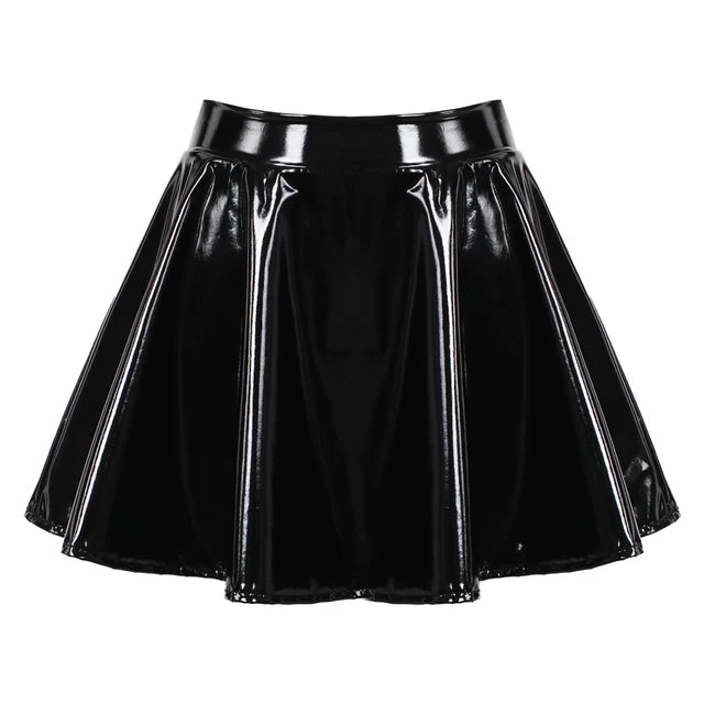 Women's A-Line Short Mini Skirts Glossy Latex Leather Flared Miniskirt with Zipper Club Bar Pole Dance Performance Costumes