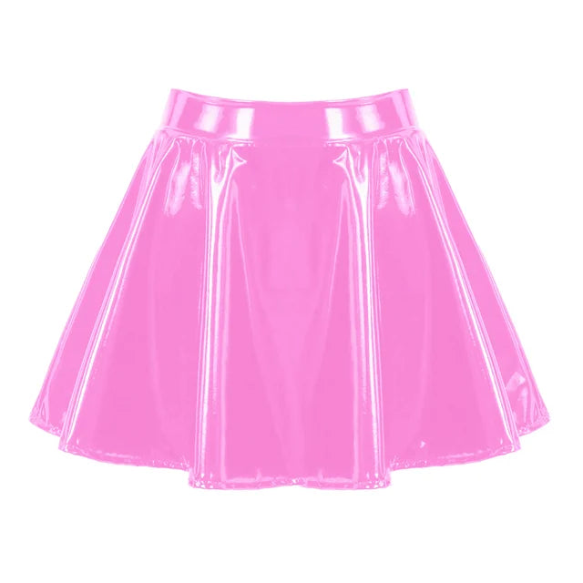 Women's A-Line Short Mini Skirts Glossy Latex Leather Flared Miniskirt with Zipper Club Bar Pole Dance Performance Costumes